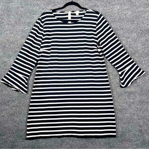 J Crew Women’s XL Black White Striped Ruffle 3/4 Sleeve Cotton Shift Dress